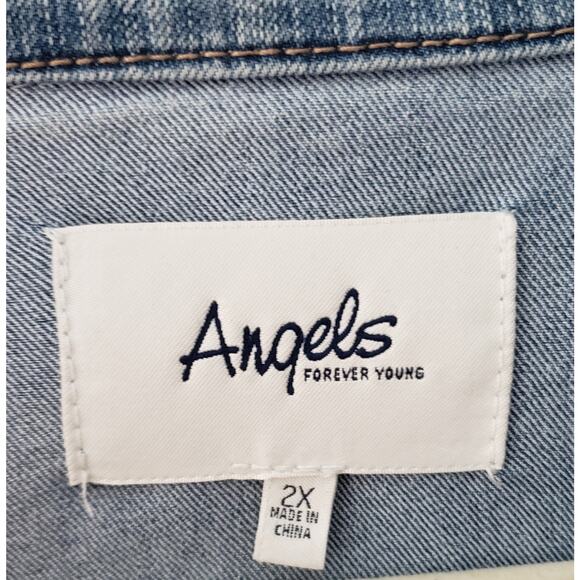 Angels Forever Young Raw Hem Faded Denim Jacket with Flower Embroidery Size 2X - Picture 5 of 10